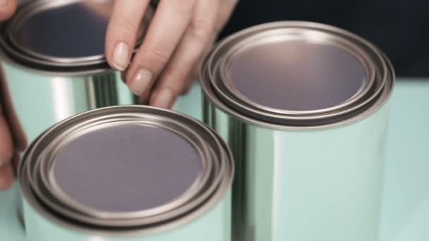 Supplies Start House Painting Project Metal Paint Cans Paint Brushes — Stock Video