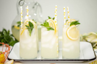 Taze limon ve nane ile kağıt saman cam bir dilim ile geleneksel limonata.