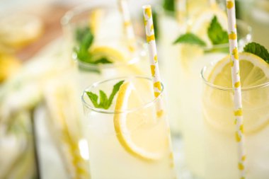 Taze limon ve nane ile kağıt saman cam bir dilim ile geleneksel limonata.