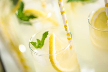 Taze limon ve nane ile kağıt saman cam bir dilim ile geleneksel limonata.