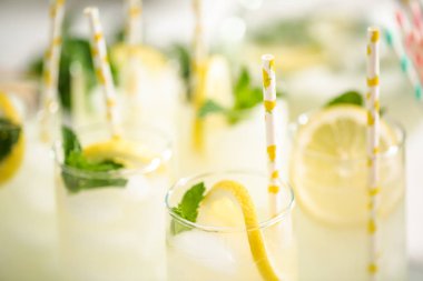 Taze limon ve nane ile kağıt saman cam bir dilim ile geleneksel limonata.