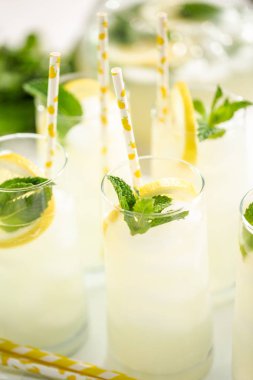 Taze limon ve nane ile kağıt saman cam bir dilim ile geleneksel limonata.