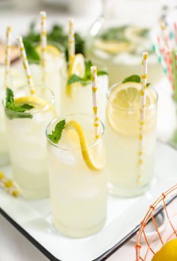 Taze limon ve nane ile kağıt saman cam bir dilim ile geleneksel limonata.