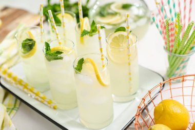 Taze limon ve nane ile kağıt saman cam bir dilim ile geleneksel limonata.