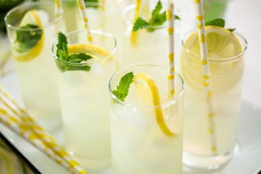 Taze limon ve nane ile kağıt saman cam bir dilim ile geleneksel limonata.