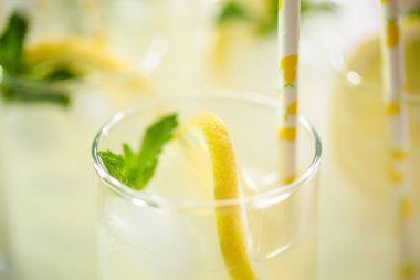 Taze limon ve nane ile kağıt saman cam bir dilim ile geleneksel limonata.