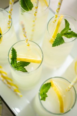 Taze limon ve nane ile kağıt saman cam bir dilim ile geleneksel limonata.