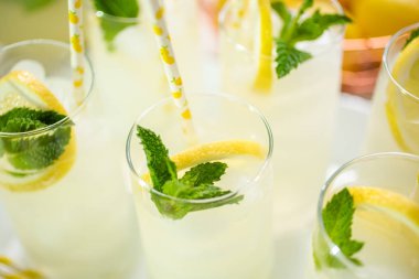 Taze limon ve nane ile kağıt saman cam bir dilim ile geleneksel limonata.