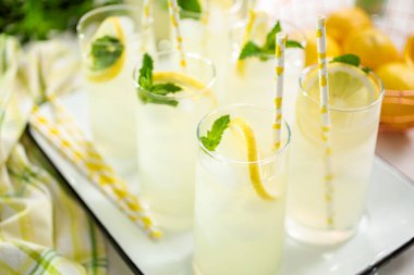 Taze limon ve nane ile kağıt saman cam bir dilim ile geleneksel limonata.