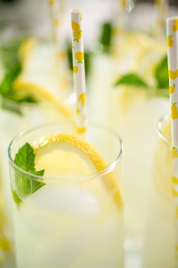 Taze limon ve nane ile kağıt saman cam bir dilim ile geleneksel limonata.