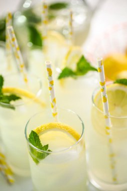 Taze limon ve nane ile kağıt saman cam bir dilim ile geleneksel limonata.