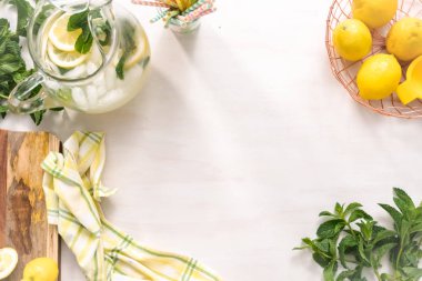 Taze limon ve nane ile kağıt saman cam bir dilim ile geleneksel limonata.