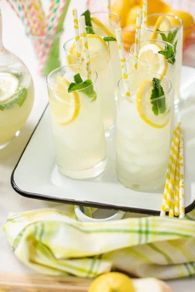 Traditional Lemonade Slice Fresh Lemon Mint Paper Straw Glass — Stock Photo, Image