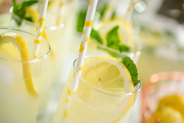 Limonata Tradizionale Con Una Fetta Limone Fresco Menta Con Paglia — Foto Stock