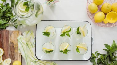 Taze dilimlenmiş limon ve nane ile geleneksel limonata ile tepsi.