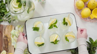 Taze dilimlenmiş limon ve nane ile geleneksel limonata ile tepsi.