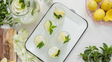 Taze dilimlenmiş limon ve nane ile geleneksel limonata ile tepsi.