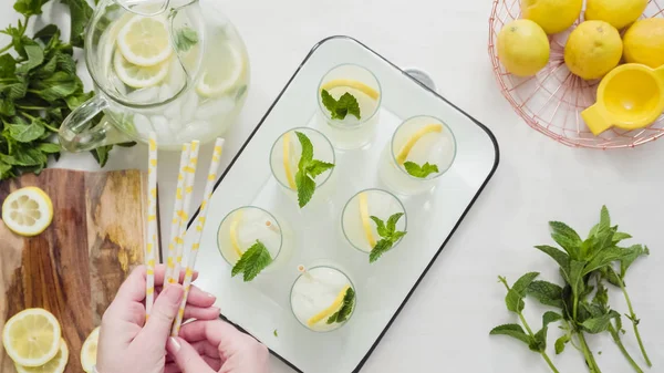 Geleneksel limonata taze dilimlenmiş limon ve nane ile süsleme.