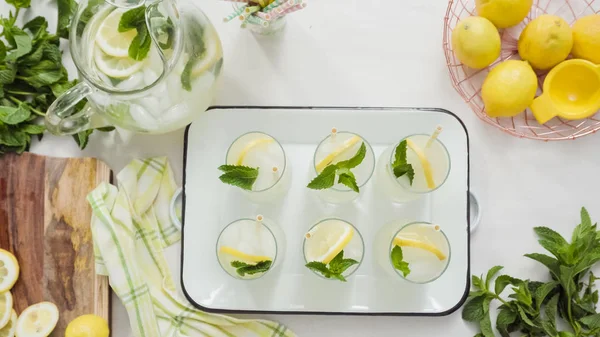 Taze dilimlenmiş limon ve nane ile geleneksel limonata ile tepsi.