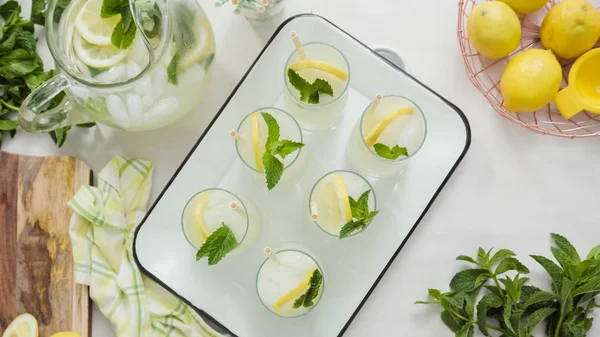 Taze dilimlenmiş limon ve nane ile geleneksel limonata ile tepsi.