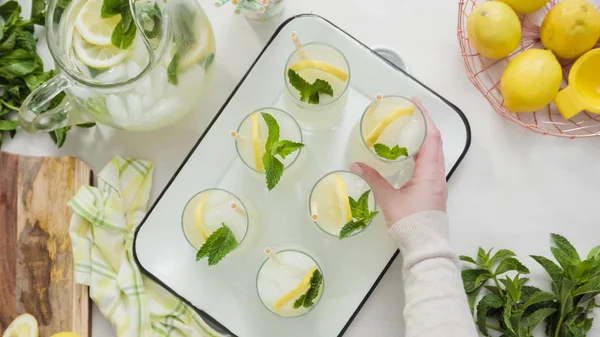 Taze dilimlenmiş limon ve nane ile geleneksel limonata ile tepsi.