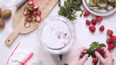 Adım adım. Cam içecek içecek dağıtıcısı organik infüzyon su hazırlama.