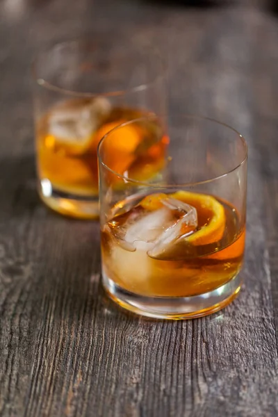 Bourbon Old Fashioned Cocktail Garnished Orange Peel — Stock Photo, Image