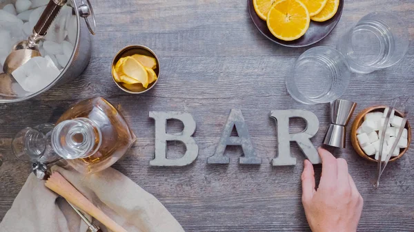 Step Step Preparing Bourbon Old Fashioned Cocktail Home Bar — Stock Photo, Image