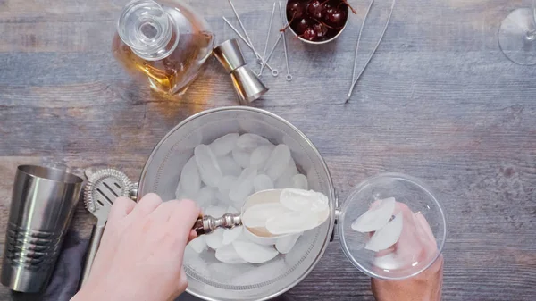 stock image Step by step. Preparing Manhattan cocktail at home bar.