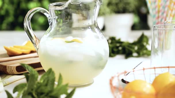 一歩一歩 新鮮なレモンとミントのスライスと伝統的なレモネード — ストック動画