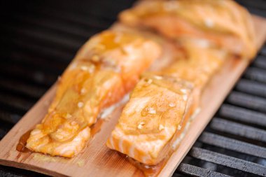 Sedir tahta açık gaz ızgara somon ızgara.