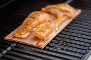 Sedir tahta açık gaz ızgara somon ızgara.