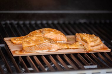 Sedir tahta açık gaz ızgara somon ızgara.