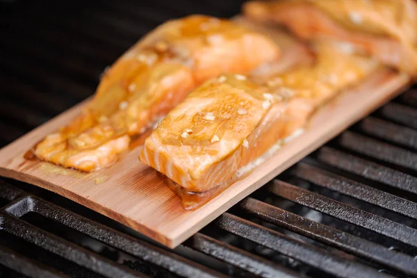 Sedir tahta açık gaz ızgara somon ızgara.