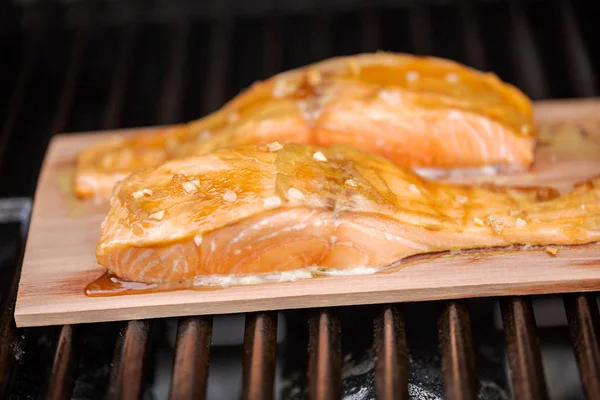 Salmón Parrilla Sobre Tabla Cedro Parrilla Gas Aire Libre — Foto de Stock