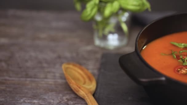 Geröstete Tomatensuppe Gusseisernen Kochtopf — Stockvideo