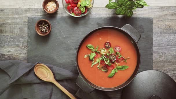 Geröstete Tomatensuppe Gusseisernen Kochtopf — Stockvideo