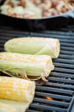 Adım adım. Açık gaz ızgarada taze mısır ızgara.