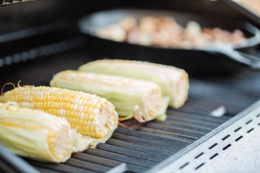Adım adım. Açık gaz ızgarada taze mısır ızgara.