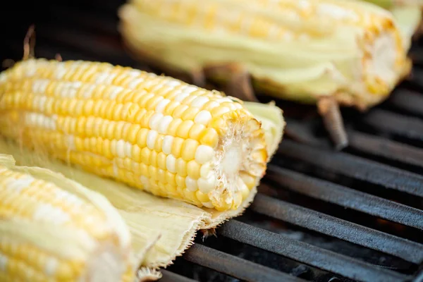 Krok Kroku Grillowania Świeżych Kukurydzy Grill Gazowy Odkryty — Zdjęcie stockowe