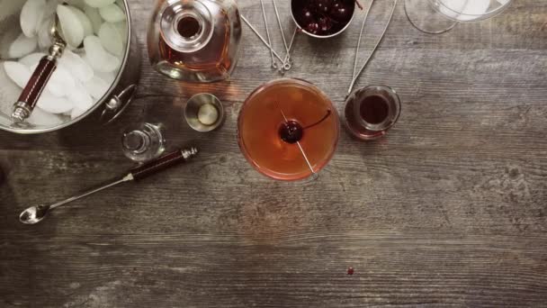 Step Step Manhattan Cocktail Garnished Brandied Cherry — Stock Video