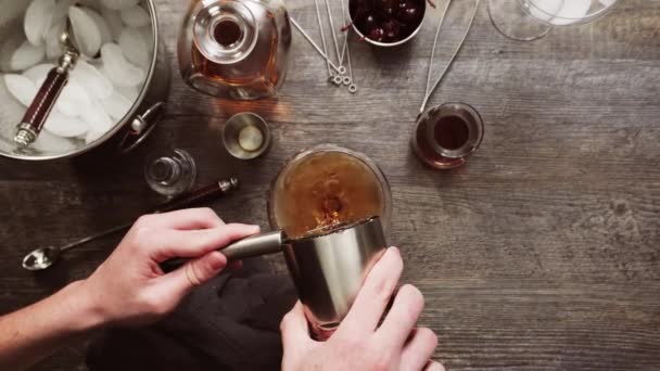 Step Step Manhattan Cocktail Garnished Brandied Cherry — Stock Video