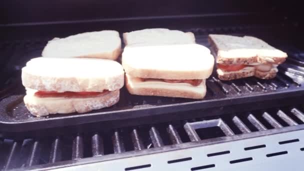 Gegrilde Kaas Sandwich Met Reepjes Spek Verse Tomaat Buiten Gasgrill — Stockvideo