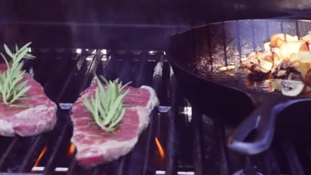 Stap Voor Stap New York Strip Steak Buiten Gasgrill Grillen — Stockvideo