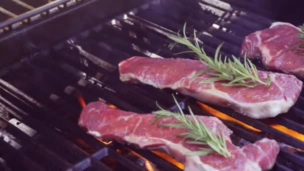 Schritt Für Schritt New York Strip Steak Auf Gasgrill Grillen — Stockvideo