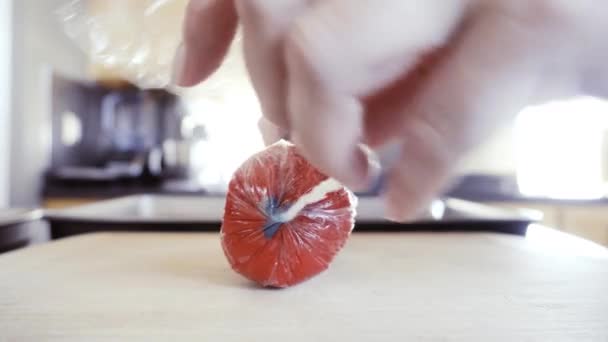 Slicing Red White Blue Pinwheel Cookie Dough Individual Cookies — Stock Video