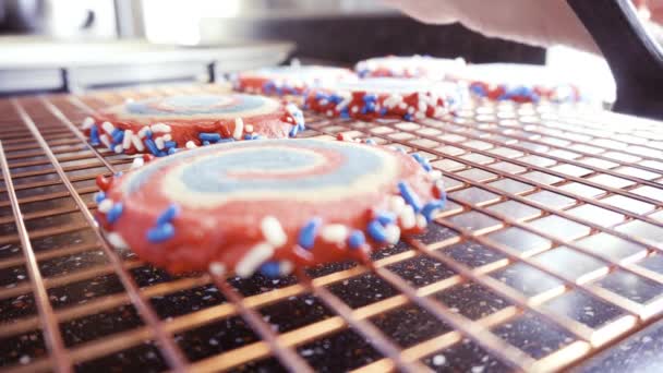 红色白色和蓝色风车糖曲奇饼为7月4日庆祝 — 图库视频影像