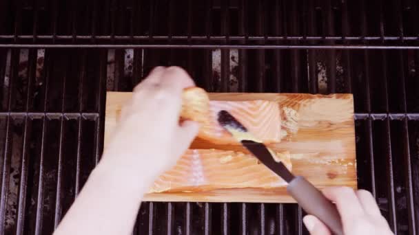 Krok Krokem Grilovaný Losos Prkně Dijonské Hořčice — Stock video