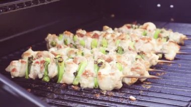 Adım adım. Tavuk yakitori pasta fırçası ile bambu şiş üzerinde cam