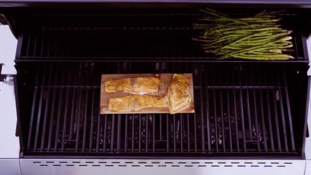 Stap Voor Stap Gegrilde Zalm Plank Dijon Mosterd Met Asperges — Stockvideo